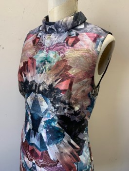 Womens, Dress, Sleeveless, TED BAKER, Multi-color, Gray, Mauve Pink, Gold, Slate Blue, Polyester, Abstract , S, Crystal Formations and Geometric Shapes Pattern, Sleeveless, Stand Collar, Hem Above Knee, Rose Gold Exposed Zipper at Center Back