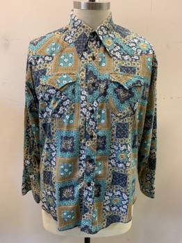 Mens, Western Shirt, WRANGLER, Teal Blue, Navy Blue, Brown, White, Poly/Cotton, Squares, Floral, 17.5, 17, 36, C.A., B.F., 7 Buttons, L/S, Patch Pockets, 2 Button Cuffs, Western Yolk