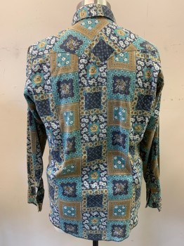 Mens, Western Shirt, WRANGLER, Teal Blue, Navy Blue, Brown, White, Poly/Cotton, Squares, Floral, 17.5, 17, 36, C.A., B.F., 7 Buttons, L/S, Patch Pockets, 2 Button Cuffs, Western Yolk