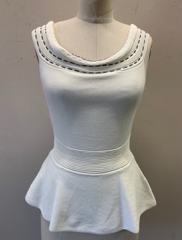EVA MENDES, White, Black, Rayon, Nylon, Solid, Knit, Sleeveless, Black Dashed Stripes Around Ribbed Scoop Neck, Ribbed Detail at Waist with Peplum Flare at Hem