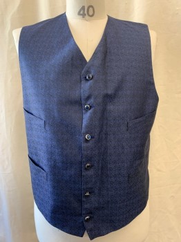 DOMINIC GHERARDI, Navy Blue, Black, Wool, Silk, Paisley/Swirls, V-neck, Single Breasted, Button Front, 4 Pockets, Belted Back