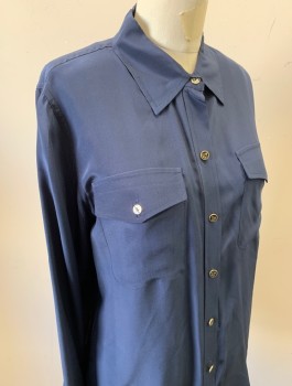 CLUB MONACO, Navy Blue, Silk, Solid, Crepe De Chine, Long Sleeves, Button Front, Collar Attached, Gold/Black Buttons with Anchor Detail, 2 Patch Pockets with Button and Flap Closure