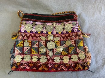 Womens, Purse, N/L, Multi-color, Cotton, Metallic/Metal, Geometric, Middle Eastern, Colorful Textured Fabric, Silver Metal Coins Attached, Zip Closure **Torn a Bit