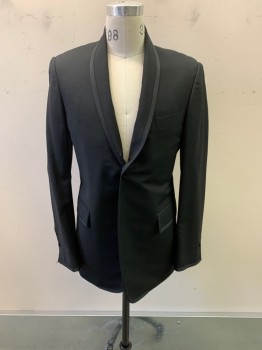 BROOKS BROTHERS, Black, Wool, Shawl Lapel, Single Breasted, Button Front, 1 Button, 3 Pockets,