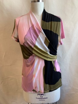 DKNY, Lt Pink, Olive Green, Black, White, Polyester, Spandex, Abstract , V-N, S/S, Gathered Left Bust,