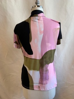 DKNY, Lt Pink, Olive Green, Black, White, Polyester, Spandex, Abstract , V-N, S/S, Gathered Left Bust,