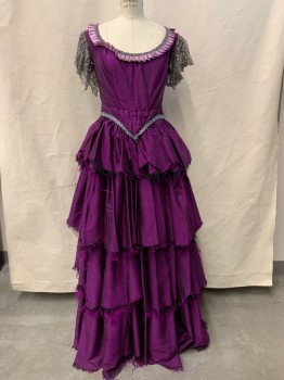 MTO, Magenta Purple, Silk, Solid, Sharkskin Weave, Scoop Neck Bodice with Lavender Silk Pleated Trim and Silver Braided Embroidery, Silver Metallic Lace Flutter Short Sleeves, Curved Hem, Silver Braided Embroidery Hem Trim, Hook & Eye Back, Skirt with Snaps at Back, Cartridge Pleats, Scalloped Tiered Skirt with Raw Hem