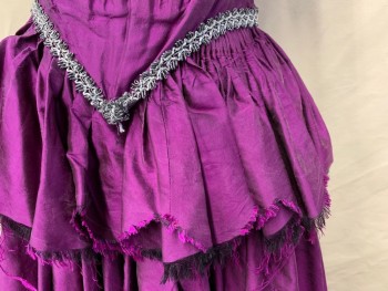 Womens, Historical Fiction Dress, MTO, Magenta Purple, Silk, Solid, Sharkskin Weave, W 28, B 36, Scoop Neck Bodice with Lavender Silk Pleated Trim and Silver Braided Embroidery, Silver Metallic Lace Flutter Short Sleeves, Curved Hem, Silver Braided Embroidery Hem Trim, Hook & Eye Back, Skirt with Snaps at Back, Cartridge Pleats, Scalloped Tiered Skirt with Raw Hem