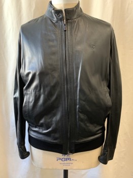 Mens, Leather Jacket, SCUDERIA FERRARI, Black, Leather, Solid, XXL, Stand Collar, Zip Front, Small Ferrari Logo on Breast, 2 Pockets, Perforated Dot Sleeves, Rib Knit Waist