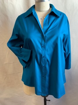 FOXCROFT, Teal Blue, Cotton, Lycra, Solid, Button Front, Collar Attached, 3/4 Sleeve, Slit Cuff