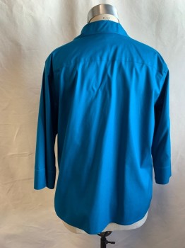 FOXCROFT, Teal Blue, Cotton, Lycra, Solid, Button Front, Collar Attached, 3/4 Sleeve, Slit Cuff