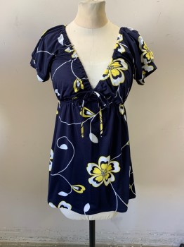 INC, Navy Blue, White, Yellow, Polyester, Spandex, Floral, V-neck, Sleeveless, Gathered Under Bust, Not Made Bow at Center