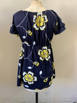 INC, Navy Blue, White, Yellow, Polyester, Spandex, Floral, V-neck, Sleeveless, Gathered Under Bust, Not Made Bow at Center