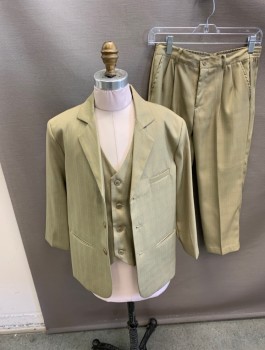 Childrens, Suit Piece 1, FAGER, Lt Khaki Brn, Goldenrod Yellow, Forest Green, Polyester, Heathered, Plaid-  Windowpane, 3 Button Single Breasted, 2 Vent Jacket with Vest & Pant