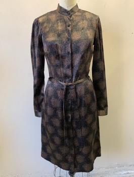 CLUB MONACO, Black, Brown, Silk, Leaves/Vines , Satin, Long Sleeves, Button Front Shirt Dress, Band Collar, Knee Length, **with Matching Fabric Belt