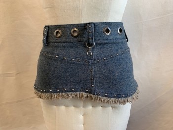 Womens, Skirt, Mini, LSO DESIGNS, Blue, Tan Brown, Cotton, Spandex, 2 Color Weave, M, Denim Half Skirt, Silver Studded, Grommet Waistband, Open Front, Silver Chain Front Closure with Hooks, Faux Pockets, Raw Hem, Silver Dangling Chain Detail
