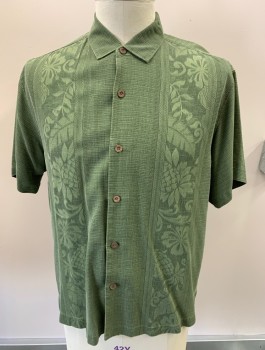 TOMMY BAHAMA, Green, Silk, Floral, Button Front, S/S, C.A., Jacquard,