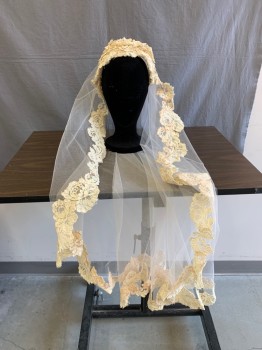 Womens, Historical Fiction Piece 3, NL, Cream, Silk, Floral, Bridal, Veil, Lace & Pearl Head Band, Sheer Mesh Veil with Lace Appliqué Trim