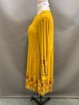 BEACH LUNCH LOUNGE, Mustard Yellow, Red, Red Burgundy, Green, Rayon, Polyester, Abstract , Floral, V-neck, Pullover, Embroidery on Sleeves & Hem, Long Sleeves,  Gathered at Waist, Pleated Skirt, Hem Above Knee
