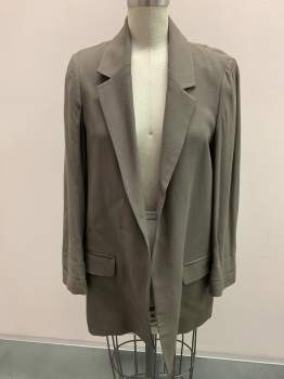 ALL SAINTS, Olive Green, Viscose, Polyester, Solid, Single Breasted, Open Front, Notched Lapel, Pocket Flaps