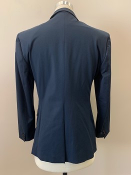 ZARA MAN, Navy Blue, Polyester, Elastane, Solid, 2 Buttons, Single Breasted, Notched Lapel, 3 Pockets, Stitching Detail