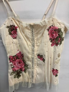 N/L, Corset Top, Beige, Floral Appliqués, Sequins And Bugle Beads, Spaghetti Straps, Boning, Mesh Overlay, Side Lace, Hook And Eye closure Front