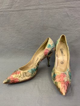 Womens, Shoe, QUALICRAFT, Champagne, Pink, Blue, Silk, Leather, Floral, Abstract , Sz.8, Heels, Watercolor Flowers Pattern, Silk Covered Stilettos, Pointed Toe, Fair Condition, Slight Wear on Fabric in Spots