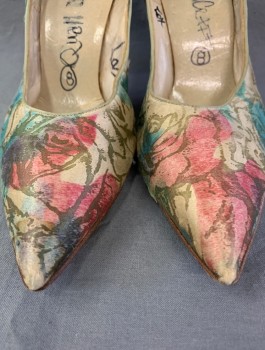 Womens, Shoe, QUALICRAFT, Champagne, Pink, Blue, Silk, Leather, Floral, Abstract , Sz.8, Heels, Watercolor Flowers Pattern, Silk Covered Stilettos, Pointed Toe, Fair Condition, Slight Wear on Fabric in Spots
