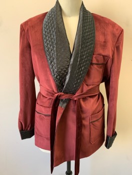 Mens, Smoking Jacket, N/L, Red Burgundy, Black, Polyester, Solid, XL, Velvet, with Contrasting Black Quilted Satin Shawl Lapel and Cuffs, 2 Pockets, Belt Loops, **With Matching Velvet Sash BELT