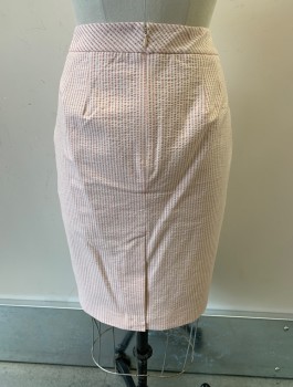 ANN TAYLOR, Lt Pink, White, Cotton, Spandex, Seersucker, Stripes - Vertical , Pencil Skirt, 1.5" Wide Waistband, Vent At Back Hem, Invisible Zipper At Back Waist
