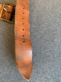 Unisex, Historical Fiction Belt, N/L, Brown, Leather, Solid, W:34, Aged, 2" Wide, Square Brass Buckle