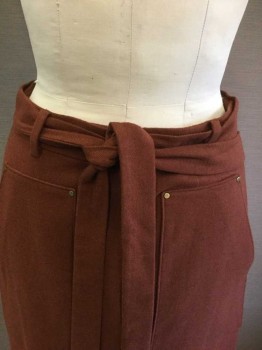 TIBI, Chestnut Brown, Polyester, Wool, Solid, Hidden Placket Button Front, 2 Large Patch Pockets Front, Attached Self Belt, Side Slits Both Sides, Double