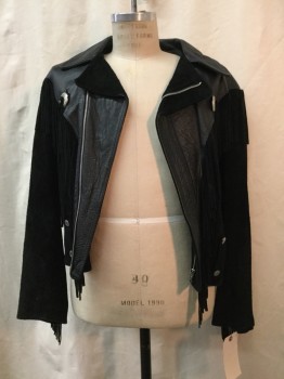 Mens, Leather Jacket, NO LABEL, Black, Leather, Suede, Solid, L, Western Style, Black Suede, Fringe Trim, Zip Front, Leather Collar Attached, Conchos, Epaulets