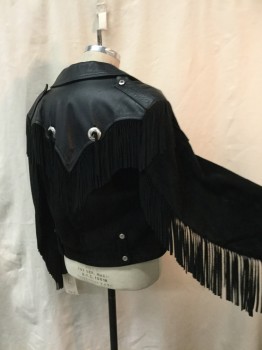 Mens, Leather Jacket, NO LABEL, Black, Leather, Suede, Solid, L, Western Style, Black Suede, Fringe Trim, Zip Front, Leather Collar Attached, Conchos, Epaulets