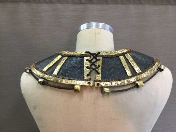 Unisex, Historical Fiction Collar, M.T.O., Gold, Black, Copper Metallic, Fiberglass, Leather, Egyptian Ornate Collar In Black Painted Herringbone Textured Collar with Gold Scarabs & Cobra Filigree Studs. Brass Chain Lced Through Lower Edge Of Collar. Lacing Holes At Center Back Neck with Brown Leather Wang Lacing, Copper Wire Trim, Multiples