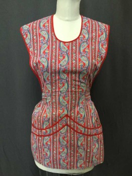 NO LABEL, Red, Navy Blue, White, Green, Tan Brown, Cotton, Paisley/Swirls, Full Apron, Front Pouch Pockets, Button At Neck, Red Trim Binding