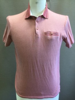 TED BAKER, Dusty Rose Pink, White, Cotton, Birds Eye Weave, Solid, Dusty Rose and White Birdseye with Solid Dusty Rose Collar Attached, with 2 White Stripes, 1 Welt Pocket is Also Dusty Rose with White Stripes, Short Sleeves, 3 Buttons at Neck