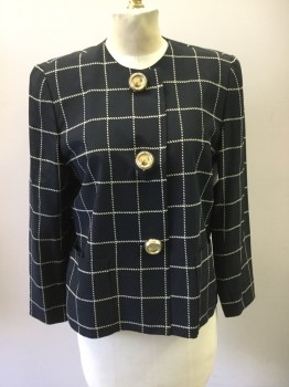 Womens, 1980s Vintage, Suit, Jacket, DAVID HAYES, Black, Cream, Silk, 8, Rope-like Windowpane Plaid, Single Breasted, 3 Large Gold Buttons, Long Sleeves, 2 Pockets