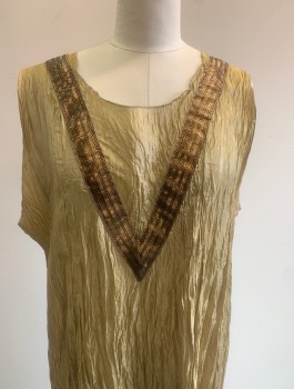 LEE ANDERSEN, Gold, Bronze Metallic, Synthetic, Solid, Sleeveless, Scoop Neck, Crinkled Gold Fabric, Bronze V Shaped Trim Added at Front, Hem Below Knee