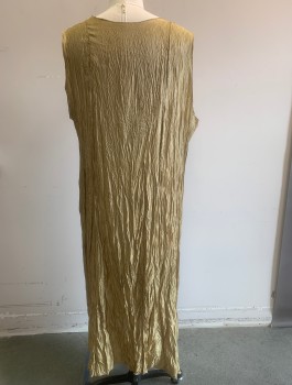 LEE ANDERSEN, Gold, Bronze Metallic, Synthetic, Solid, Sleeveless, Scoop Neck, Crinkled Gold Fabric, Bronze V Shaped Trim Added at Front, Hem Below Knee