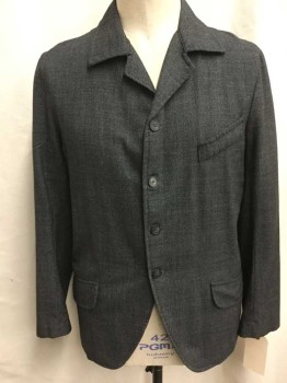 Mens, Jacket 1890s-1910s, NO LABEL, Black, Gray, White, Wool, Tweed, 42, Single Breasted, 4 Button Closure, 3 Faux Pockets, Unlined,