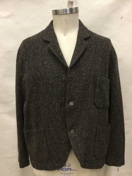 Mens, Jacket 1890s-1910s, NO LABEL, Brown, Wool, Tweed, 48S, Single Breasted, Unlined, 3 Patch Pockets, Multicolor Tweed, 3 Button Closure,