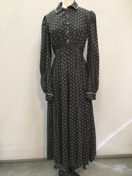 Womens, Dress 1890s-1910s, MTO, Black, Cream, Cotton, Diamonds, 26, 32, Cream Diamond Novelty Print On Faded Black, Button Front, Collar Attached, Long Sleeves, Gathered Sleeves At Shoulder and Cuff, Ribbon Detail At Cuff, Gathered Waist, Extra Button Front Hidden Panel,