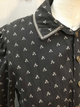 Womens, Dress 1890s-1910s, MTO, Black, Cream, Cotton, Diamonds, 26, 32, Cream Diamond Novelty Print On Faded Black, Button Front, Collar Attached, Long Sleeves, Gathered Sleeves At Shoulder and Cuff, Ribbon Detail At Cuff, Gathered Waist, Extra Button Front Hidden Panel,