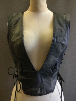 Womens, Sci-Fi/Fantasy Top, N/L, Black, Gray, Leather, Synthetic, Check , Ajust, B36+, Self Textured Grid Print, Plunge V Neck, Zipper Back, Adjustable Lace Up Sides, Sleeveless