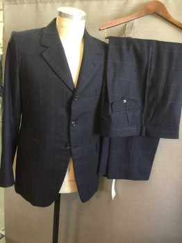 Mens, Suit, Jacket, 1890s-1910s, N/L, Navy Blue, Brown, Teal Blue, Wool, Plaid, 36R, Single Breasted, 3 Buttons,  Notched Lapel, 3 Pockets 2 with Flaps,