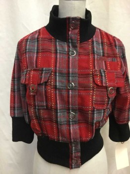 POETRY, Red, Gray, Ballet Pink, Orange, White, Wool, Plaid, Snap Front, 1/2 Sleeve, 2 Flap Snap Pocket, Rib Knit Trim at Collar/ Cuffs and Waistband, Cropped