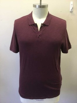 VINCE, Maroon Red, Cotton, Solid, Short Sleeves, Ribbed Knit Collar Attached/Cuff