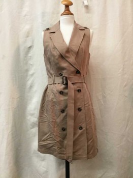WHT HOUSE BLK MKT, Lt Brown, Synthetic, Solid, Lt Brown, Dbl Breasted, 8  Buttons,  2 Pockets, Epaulets, Belt, Trench Coat Style, Sleeveless