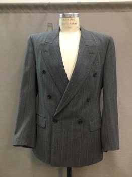 Mens, 1980s Vintage, Suit, Jacket, BOSS, Gray, Black, White, Wool, Rayon, Stripes - Pin, Heathered, 40S, Double Breasted, Peaked Lapel, Pockets with Flaps, 6 Buttons,